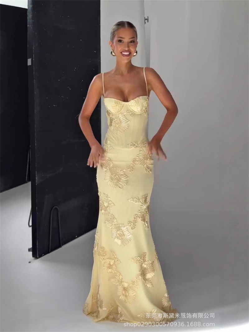 Women'S Holiday Formal Wear - Gaun Prom Wanita Bordir Kuning Korset